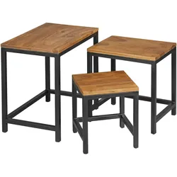 FineBuy 3er Set Beistelltisch Sheesham Satztisch Massivholz Couchtisch Metallbeine