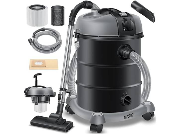 MASKO® Industriële stofzuiger, nat en droog, roestvrij staal, 2300 W + stopcontact, blaasfunctie, droog zuigen en natzuigen, push&clean, industriële stofzuiger met en zonder zak, zakloos