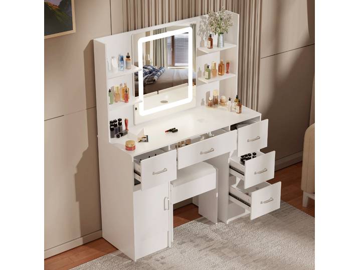 Ensemble coiffeuse et tabouret Yamissi, miroir LED à intensité variable, table de maquillage blanche, NOUVEAU mobilier de chambre à coucher, coiffeuse avec tiroirs