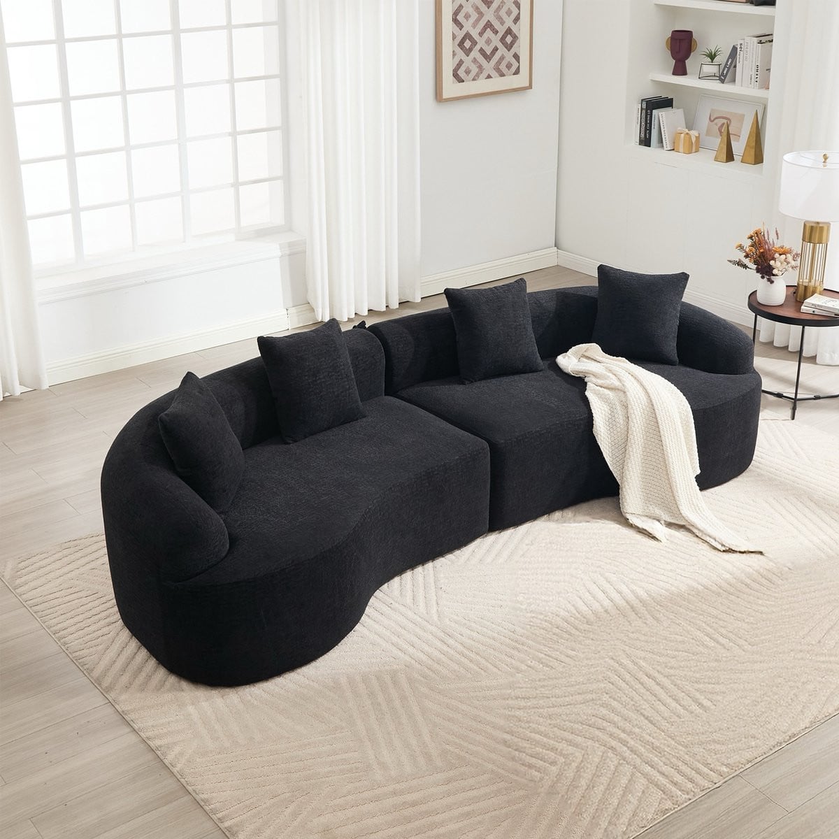 Zubaliya Moderne Modulaire 4-Zits Gebogen Bank van Chenille in Zwart