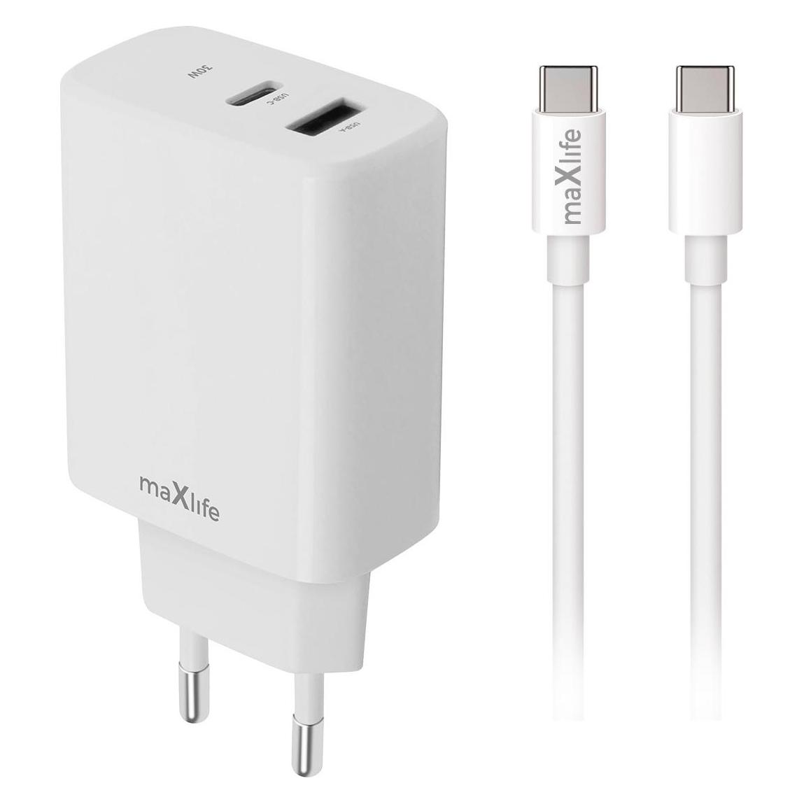 Maxlife MXTC-10-20AC PD QC charger 1x USB-C 1x USB 20W white + USB-C - USB-C cable 20W (20 W, 2 Ports) (67181723)