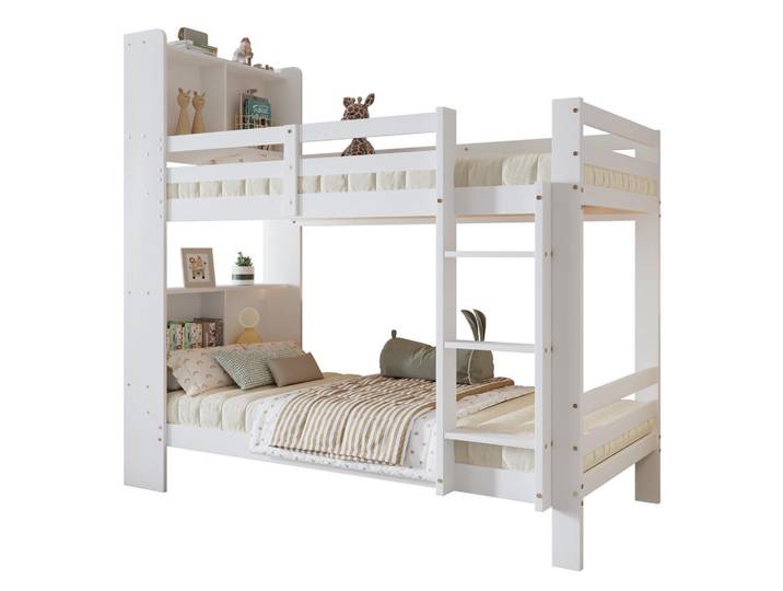 Stilvora Etagenbett 90/200 cm & 90/200 cm in Weiß mit Regalen und Leiter, 90x200 cm, Babymöbel & Kindermöbel, Kinderzimmer & Jugendzimmer, Stockbetten
