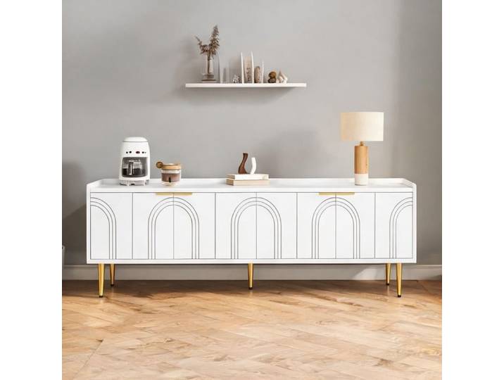 Meuble TV blanc en MDF 170x35x47 5 cm portes relief ondulé et poignées dorées design moderne