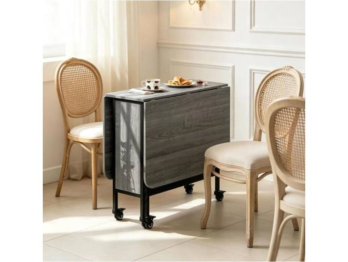 MEUBLIV Table à manger pliante et extensible avec roulettes rangement intégré gris 6 personnes