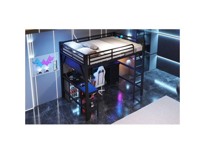 Lit mezzanine métallique noir 140x200 cm - gaming bibliothèque bureau placard usb & led