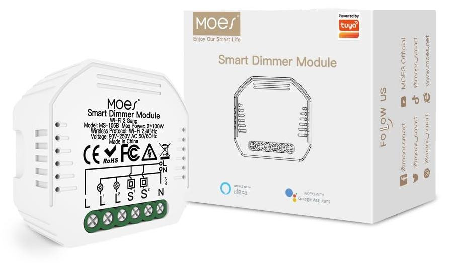 MOES WLAN Mini Smart Dimmer Lichtschakelaar, 2-kanaals relaismodule, WiFi draadloze schakelaar voor LED, compatibel met Smart Life Tuya app, Amazon Alexa en Google Home, alleen 2,4 GHz netwerk