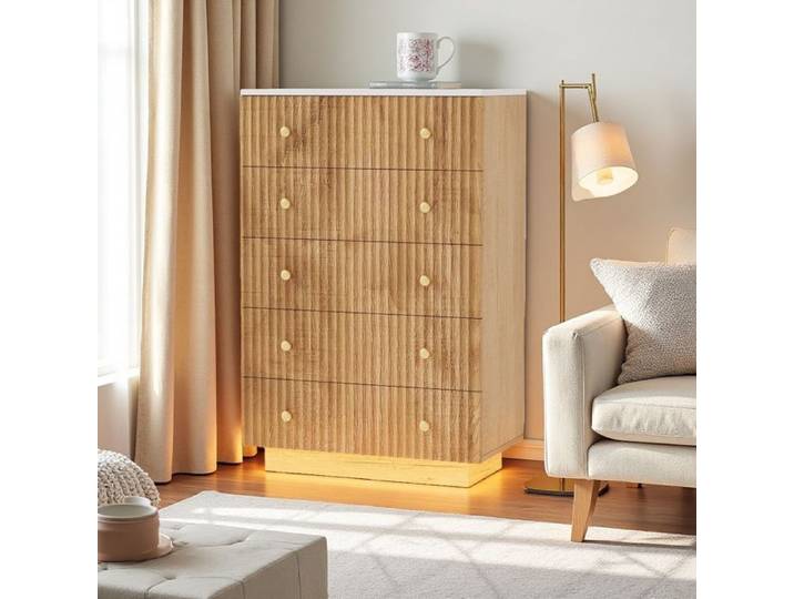 Buffet - URBANLUXE - 73x40x111 cm - 5 tiroirs - LED intégré - Aspect bois