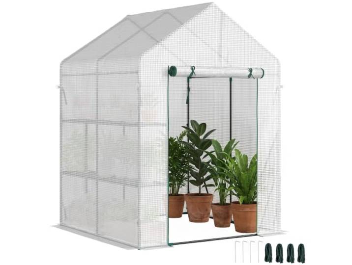 Outsunny Foliengewächshaus begehbares Gewächshaus 143x143x195 cm Weiß