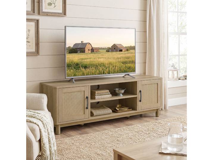 HOMCOM Meuble TV 135cm Chêne Rotin 2 Portes 2 Compartiments 65''