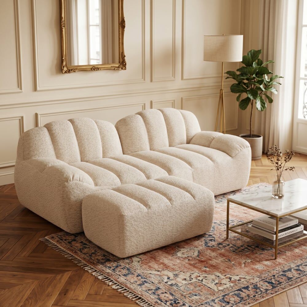 Urban Meuble Canapé modulaire 2 places beige blanc avec pouf , tissu polaire Beige 210x79x165cm