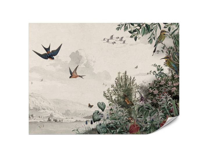 FOTOTAPETE für Wohnzimmer Retro Tropenlandschaft Vögel Büsche 200x140
