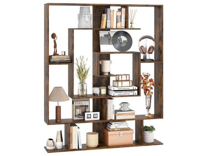 Bibliothèque Géométrique à 7 Niveaux COSTWAY 2 Kits Anti-Basculement Organisateur de Rangement d'Affichage Marron Rustique