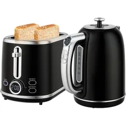 HOMCOM Wasserkocher Toaster Set 1,7L Edelstahl Wasserkocher 2 Scheiben Toaster Schwarz
