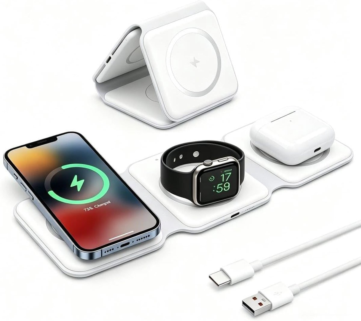 3-in-1 opvouwbaar draadloos inductielader laadstation 15W voor iPhone, Apple Watch en oordopjes