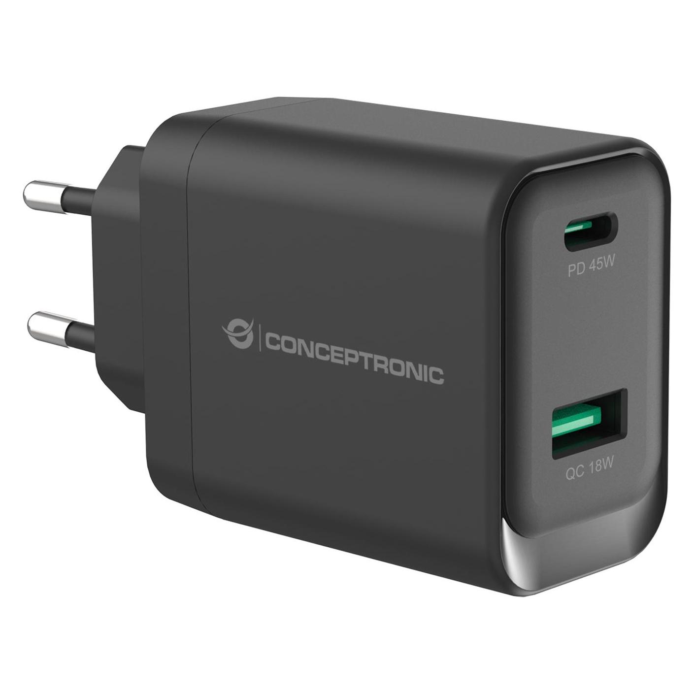 Conceptronic Ladegerät 2Port GaN USB-C PD3.0+USB-A QC3.0 sw (45 W, 2 Ports) (ALTHEA20B45)
