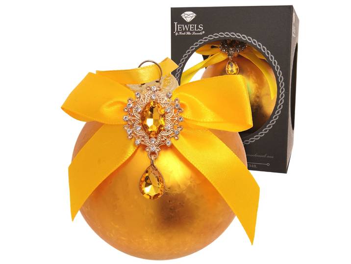 Weihnachtsbaumkugel KREBS GLAS LAUSCHA Weihnachtskugel Strassstein, Schleife, Eisdesign gold 8cm , gold (goldfarbig), B:8cm H:8cm T:8cm Ø:8cm, Glas, Weihnachtsbaumkugeln, Weihnachtsbaumkugel, Dekoriert mit Liebe zum Detail
