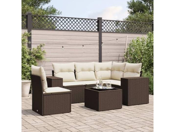 HEFZGDB 6-TLG. Garten-Sofagarnitur mit Kissen Braun Poly Rattan, Modulares Design mit Stauraum und wasserfester Abdeckung, Wetterfeste PE-Rattan Möbel für Terrasse, Glas Tischplatte,
