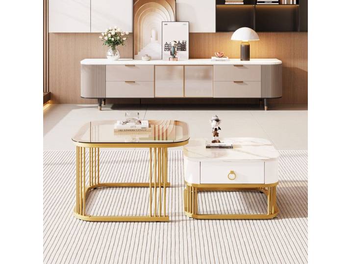 Table basse empilable - PDZZZD - Finition marbrée - Verre brun thé - Accents dorés - Tiroir pratique