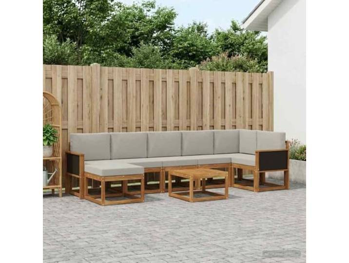 RJPLMFV Sofaset für den Außenbereich, 8-teilig, massives Akazienholz, Natur Modulare Rückenlehne Lattenrost Funktionsarmlehne Hellgrau für Garten Terrasse