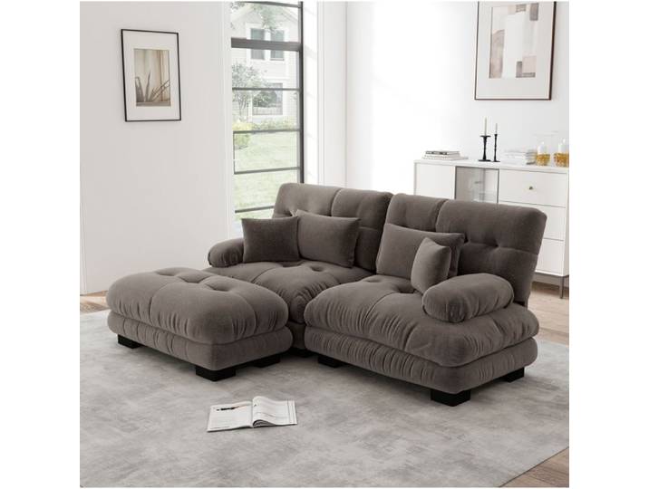 Canapé d angle - SENVIRO - deux places modulable avec ottomans chenille vintage marron