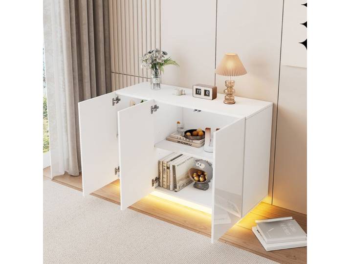 Buffet Blanc Laqué 120 cm avec Éclairage LED Contrôlable par Application