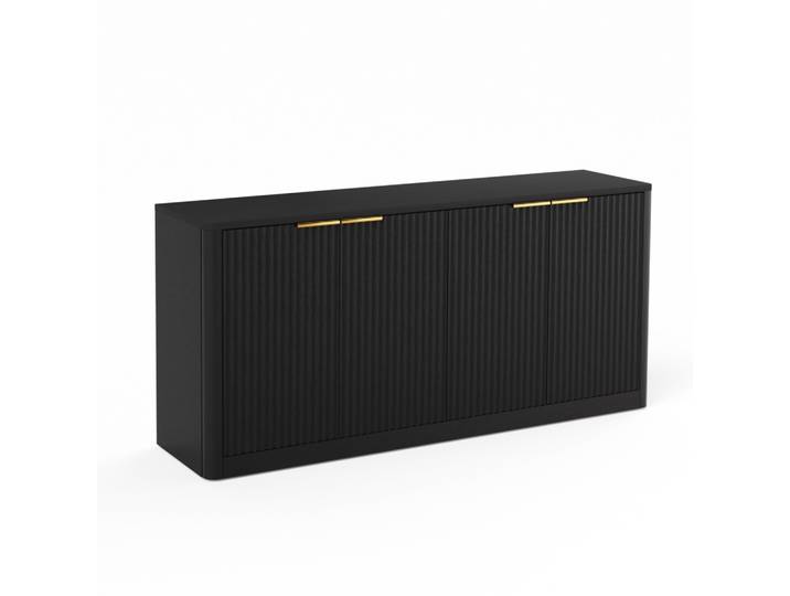 SIDEBOARD Schwarz & Holz-Optik 150 cm mit Wellen-Design & 4 Türen