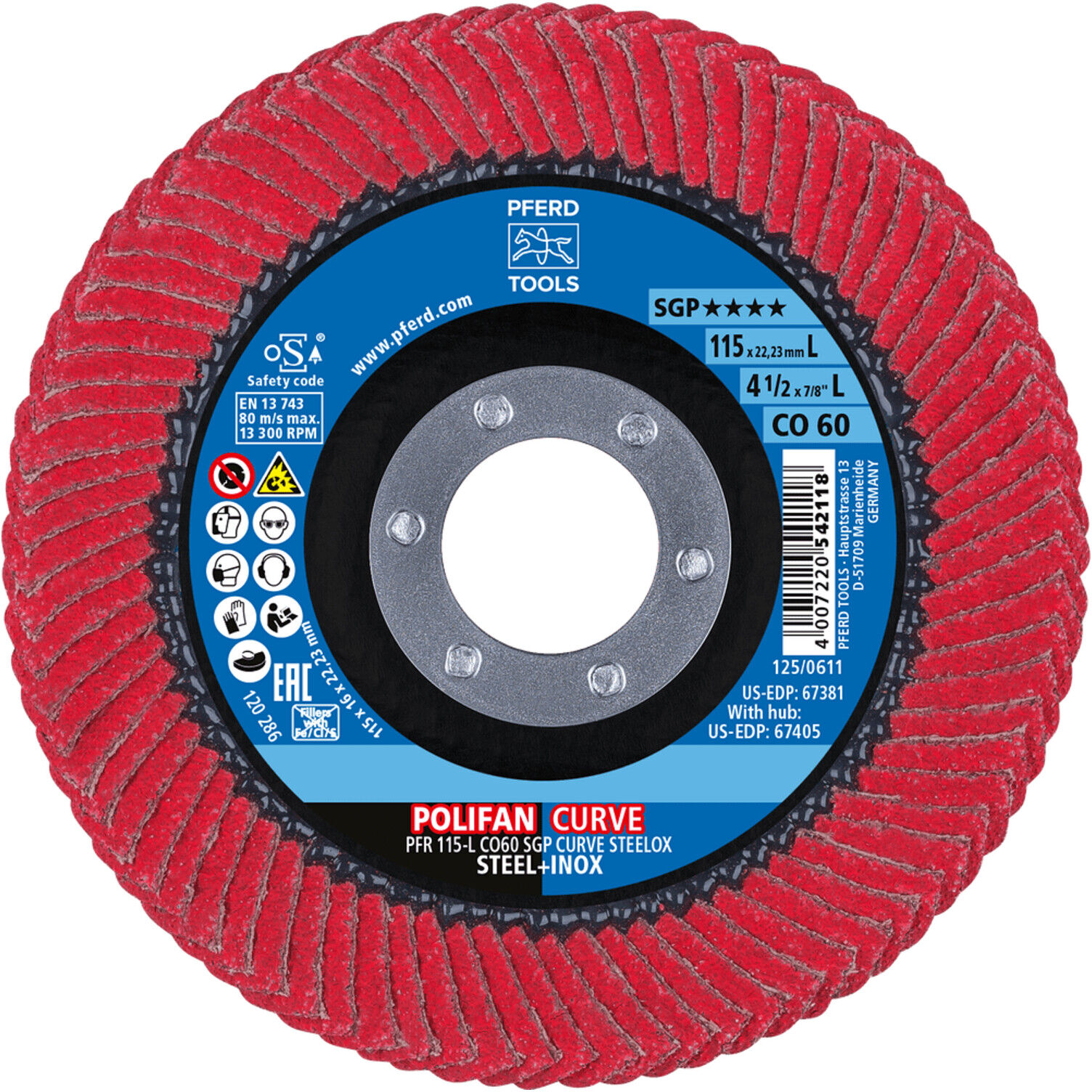 PFERD TOOLS POLIFAN-Flap Discs PFR 115-L CO 60 SGP CURVE STEELOX (67698046)
