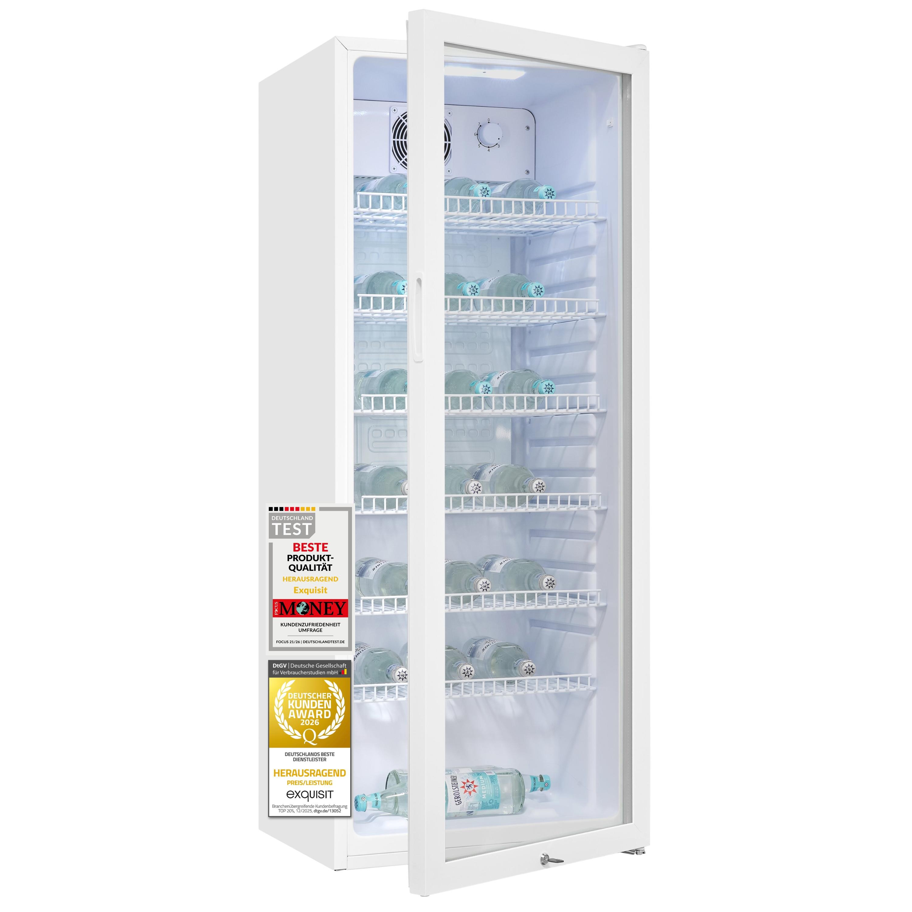 Exquisit Glastürkühlschrank 237 l | für bis zu 71 Flaschen | Energieklasse C | Isolierglastür | Umluftkühlung | LED-Beleuchtung | 6 Gitterablagen | Tü