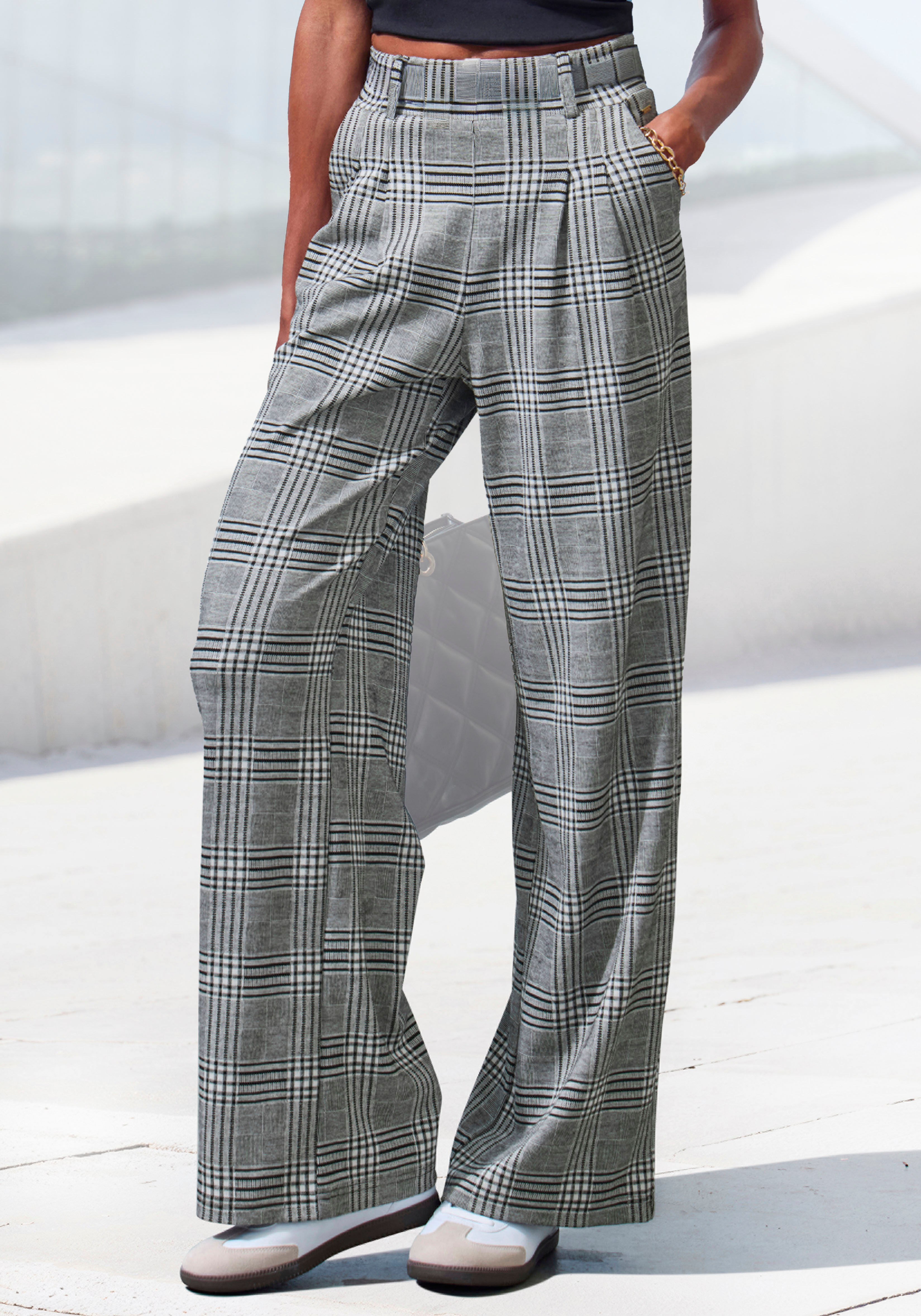 Schlupfhose LASCANA "extra Weit mit Bundfalten", Damen, Gr. 40/42, N-Gr, blau (glencheck, karo), Obermaterial: 60% Viskose, 39% Polyester, 1% Elasthan, Jacquardmuster, kariert, Basic, lang, Hosen Schlupfhose, mit Jacquard Strickmuster oder uni schwarz gle