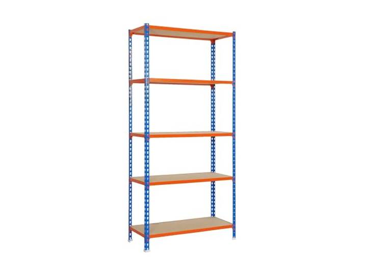 Simonrack Schwerlastregal, Lagerregal, 200x120x40 cm, Metallregal, Kellerregal, Biegestelle 200 kg, 5 Holzfachböden, Blau/Orange/Holz - Maderclick