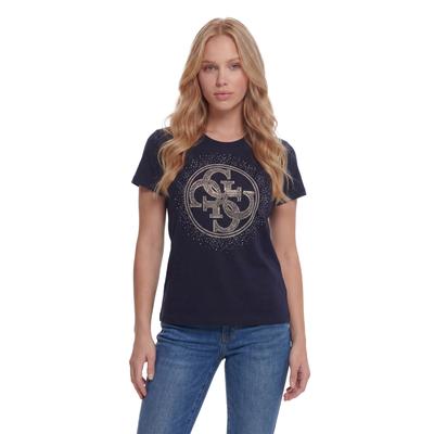 T-Shirt GUESS "CN 4G ROUND CRYSTALS LOGO", Damen, Gr. S, smart blau, Single Jersey, Obermaterial: 100% Baumwolle, unifarben, regular fit hüftlang, Rundhals, abgesteppte Kante, Shirts T-Shirt, mit markantem Logodesign, Regular Fit