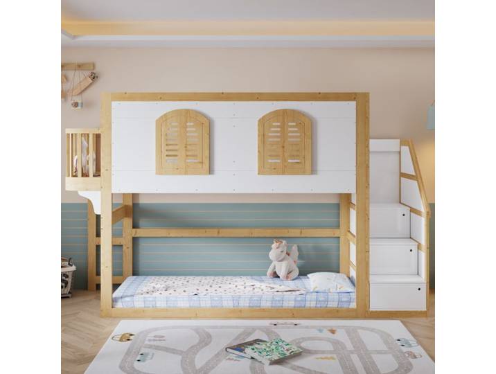 LIT ENFANT - Bois massif - 90x200 cm - Escalier-rangement - Aire de jeux