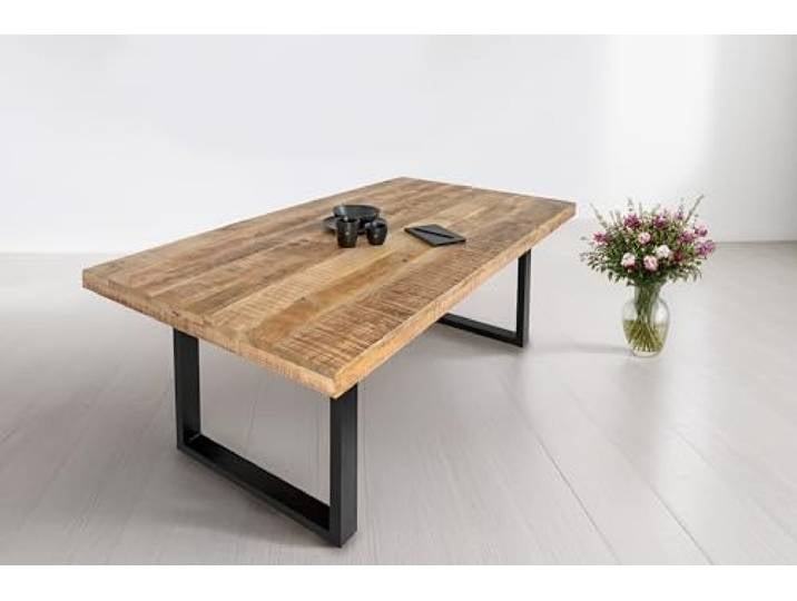 SAM Esstisch Rio 220x100 cm Mangoholz Natur gerade Kanten U schwarz Esszimmertisch, naturfarben massiv, Metallgestell