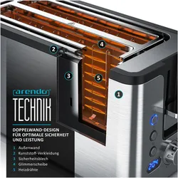 Arendo Frühstücks Set Edelstahl Wasserkocher 1,5l, Tasten, Griff & 4-Scheiben Langschlitz Toaster, Silber, Wasserkocher, Silber
