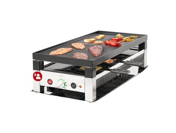 Solis Raclette Tischgrill 4-in-1 mit Grillplatte & Crêpe-Funktion 1400W Ober- & Unterhitze, Antihaft, 8 Pfännchen, Mini-Pizza, für Familie & Freunde