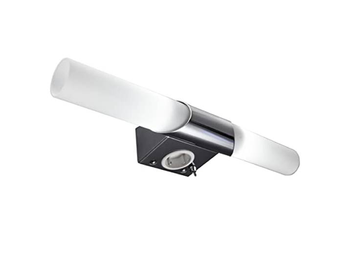 B.K.Licht - Spiegelleuchte Bad mit Steckdose, warmweiße Lichtfarbe, Kippschalter, Badezimmerlampe, Spiegellampe Bad, Lampe Badezimmer, Badlampe Wand, Wandlampe Badezimmer, 44,5x6x11 cm, Chrom