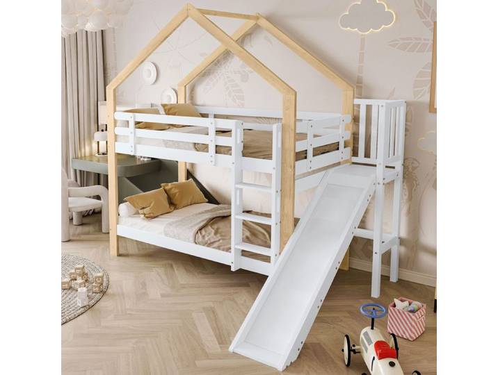 lit superposé avec coulisse et escalier roulant à trois étages lit de maison avec prévention des accidents blanc+nature 90x200cm