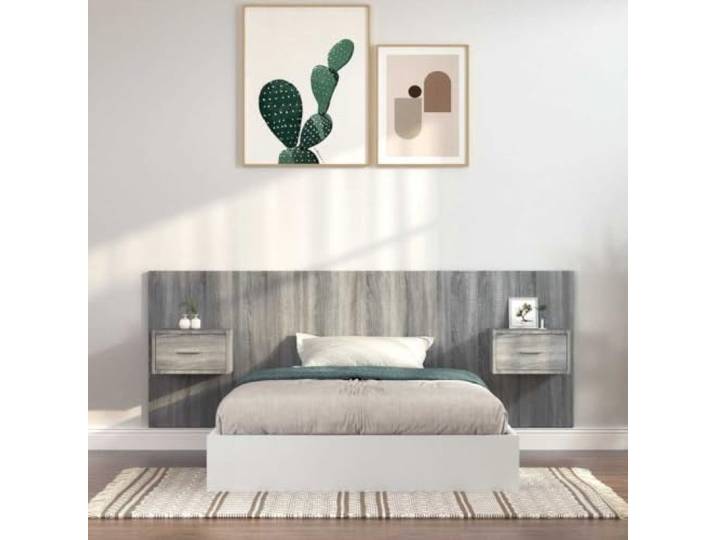 FMPGJLYH Bettkopfteil mit 2 Nachttischen, Holzwerkstoff, Grau Sonoma Wandmontage für Platzersparnis, Robustes Design, Stilvolle Schlafzimmeroptik