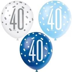 6 Luftballons blau & silber Zahl 40