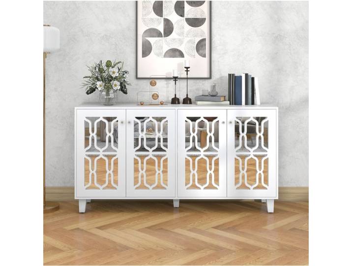 Buffet blanc – 4 portes – façades miroir – poignées style cristal – 160 x 40 x 84 cm