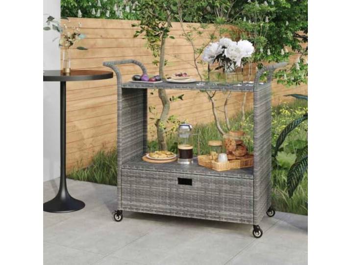 GKDERWTYG Barwagen mit Schublade Grau 100x45x97 cm Poly Rattan Pulverbeschichteter Stahlrahmen, 2 Feststellrollen, Griff oben, witterungsbeständig, wartungsarm, Küche und Terrasse