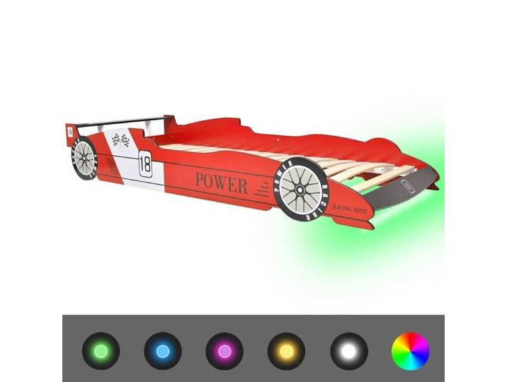 SALE 2026 Lit Jeune tout-petit Rouge - Structure de lit pour Fille/Garçon - Lit voiture de course pour enfants avec LED 90x200cm Ro