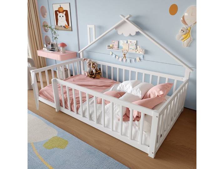 Lit enfant avec barrière de sécurité verrouillable et design maison 90x190 cm