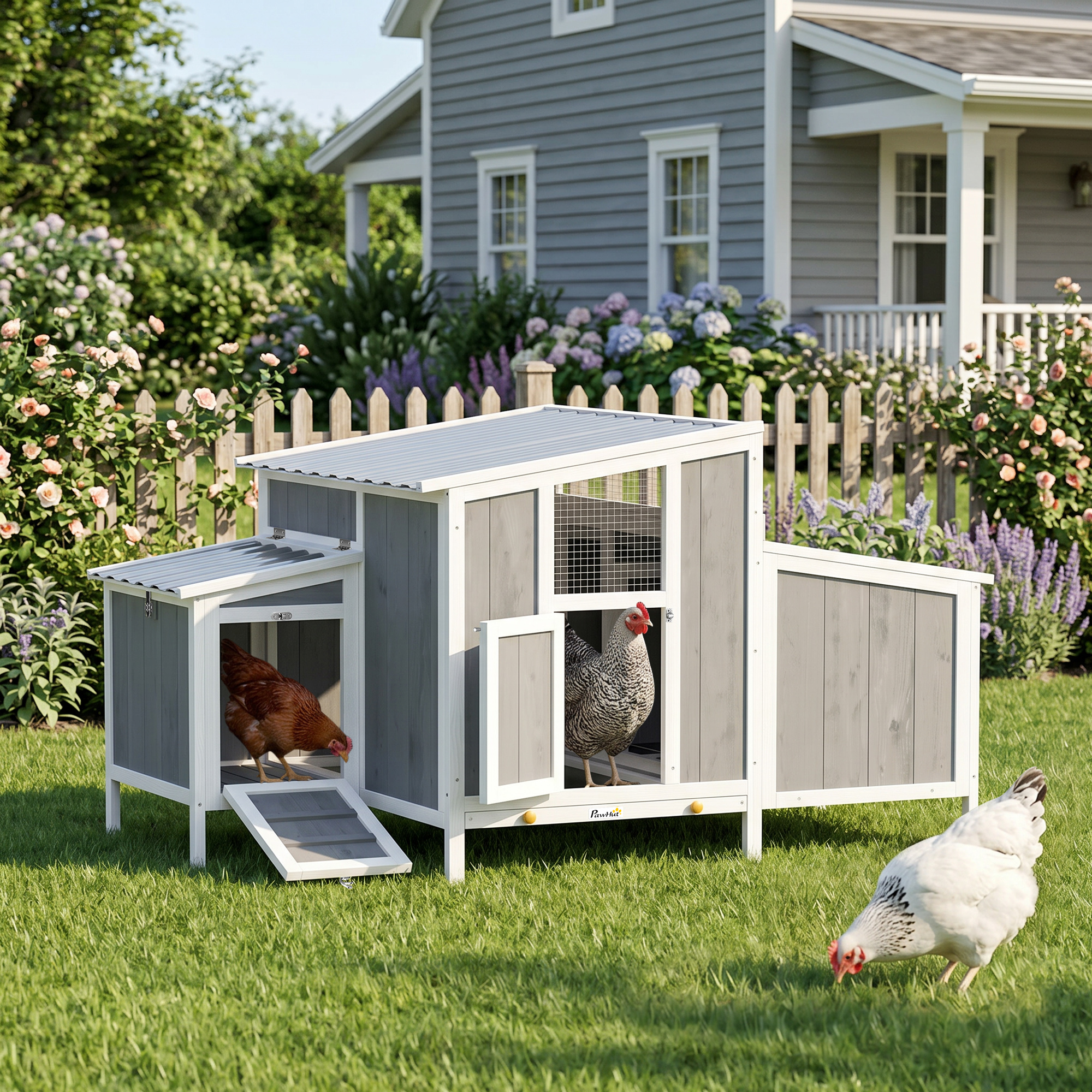 Pawhut Casetta per Galline con Porta Richiudibile e Nido, Pollaio con Tetto in PET Impermeabile, 145x90x92 cm, Grigio   Aosom Italy
