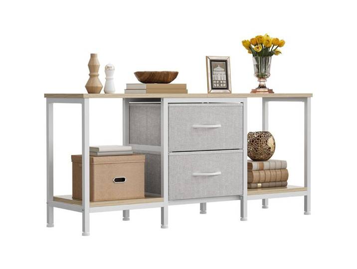 Meuble TV 47  2 Tiroirs Tissu 2 Étagères Commode Salon 110x30x50 cm Acier Chambre Salle Divertissement Banc Métal Multifonction