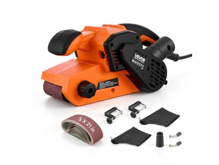 VEVOR Ponceuse à Bande 750 W 7\,6x53\,3 cm 3\,2-6\,2 m/s Ponceuse Électrique Pour Travail Bois\, Menuiserie\, 6 Vitesses\, 2 en 1 Portative/à Établi\, avec 2 Sacs à Poussière\, 10 Bandes Abrasives\, 2 Pinces