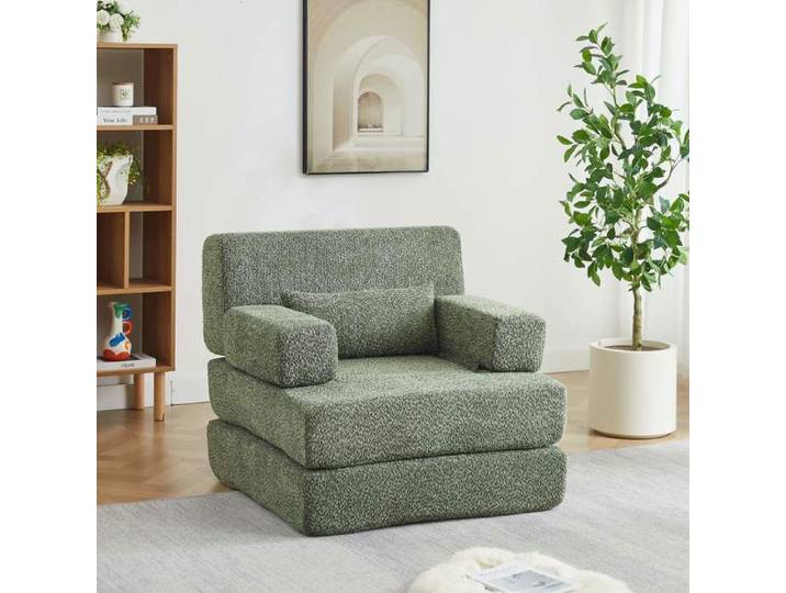 Canapé convertible pliable 1 place 2 en 1-Chauffeuse modulable-Chenille-Lit d'appoint-Cadre métal-Petit espace-Vert
