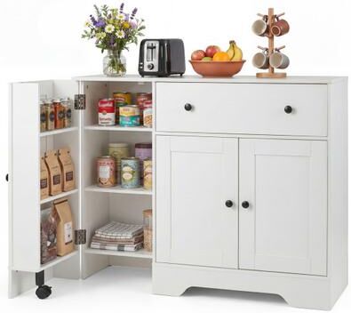 Costway 41.5” Modern Coffee Bar Cabinet with 3 Doors and Rolling Wheel-White