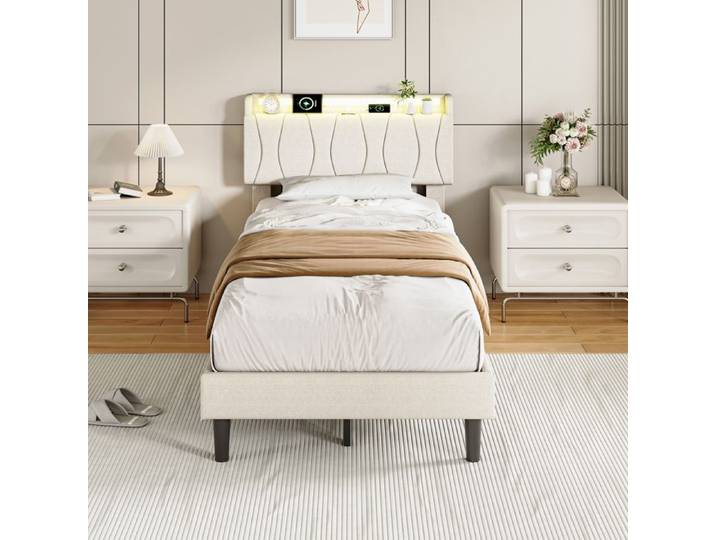 ADWOLT lit 90x200 lit simple avec LED et USB lit pour adolescent avec sommier à lattes tissu en lin beige