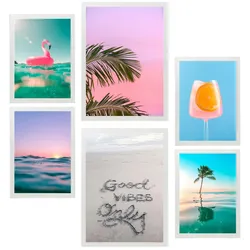 POSTER Set Mit 6 Sommer, Leuchtende Strandfarben A3 & A4 Weißer Rahmen